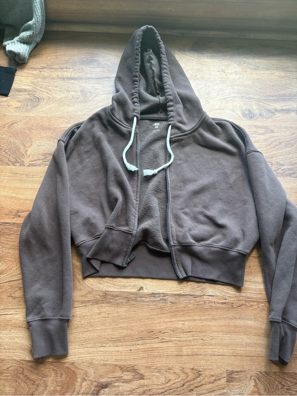 SO Cropped Zip Hoodie in Brown with Light Blue Drawstrings